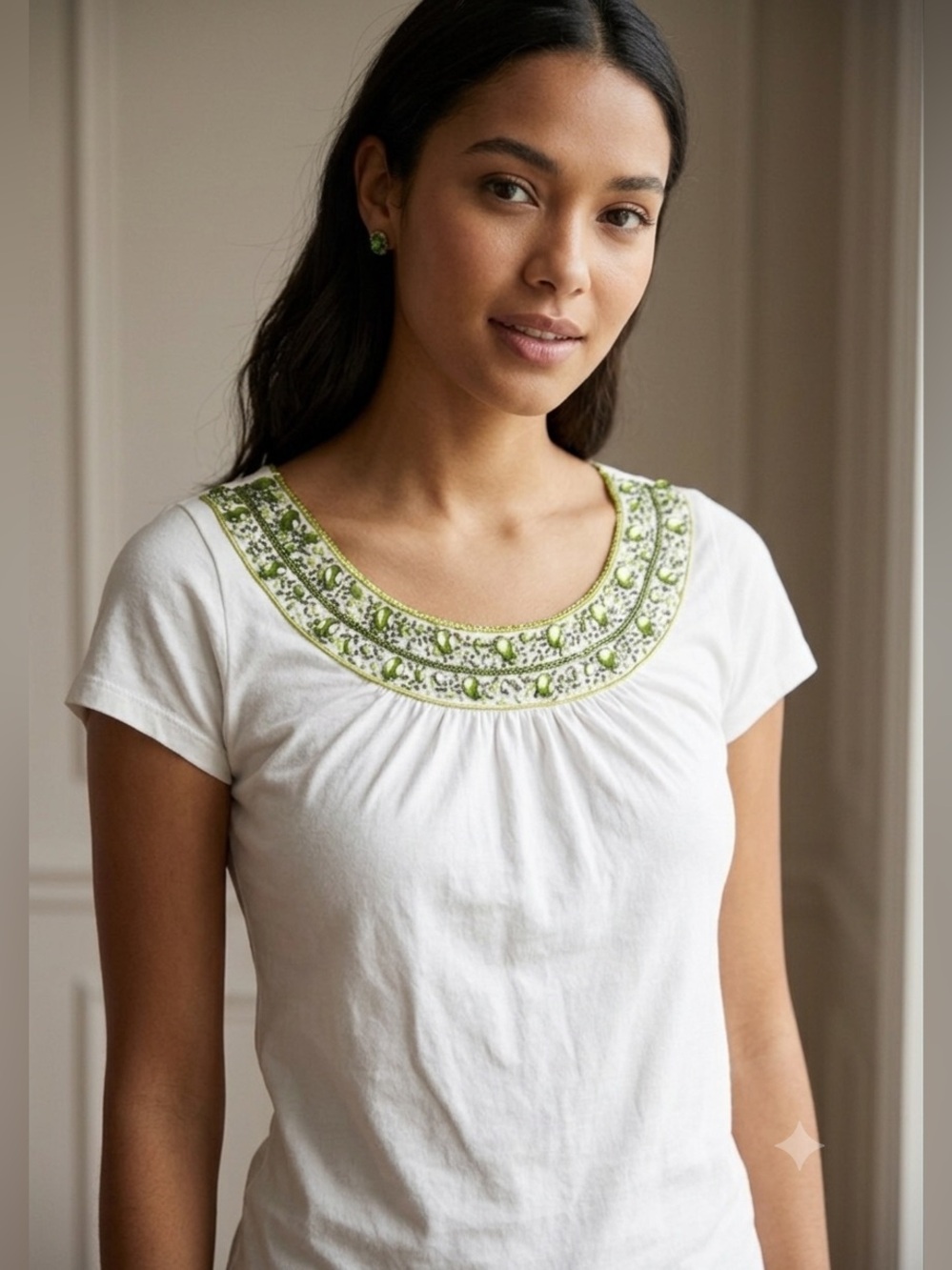 Lafayette 148 New York Hand-Beaded White Cotton Stretch Top Size P